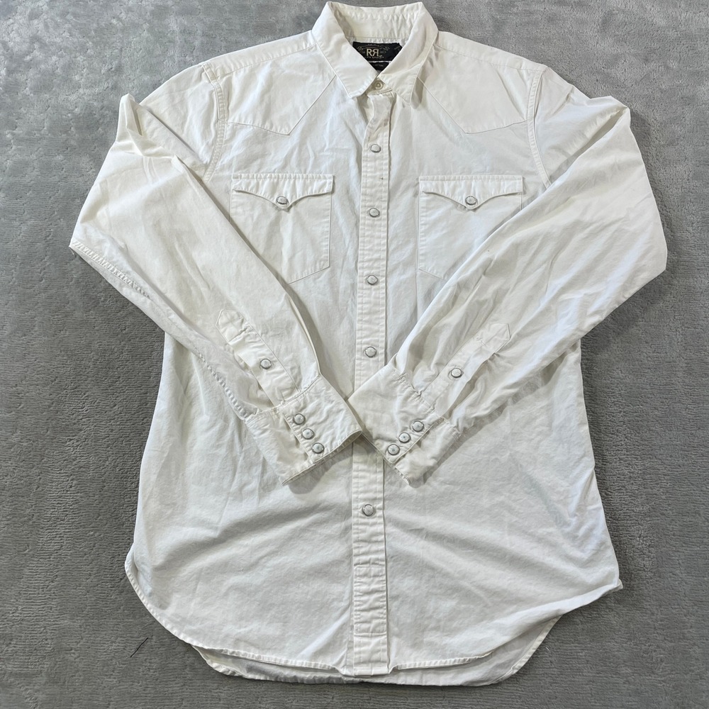 RRL Ralph Lauren Western Shirt Mens Medium White Pearl Snap Luxury Flap Festival